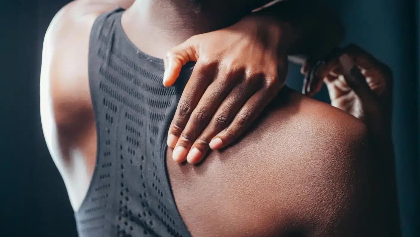 Ragazza di colore che si tocca la spalla come a mostrare sofferenza e dolore. Sfondo scuro a simboleggiare che il dolore di spalla avviene di notte.